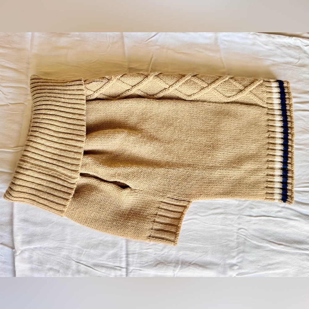 Tan Cable Knit Dog Sweater w Blue & White Stripes & Turtleneck - Picture 3 of 13